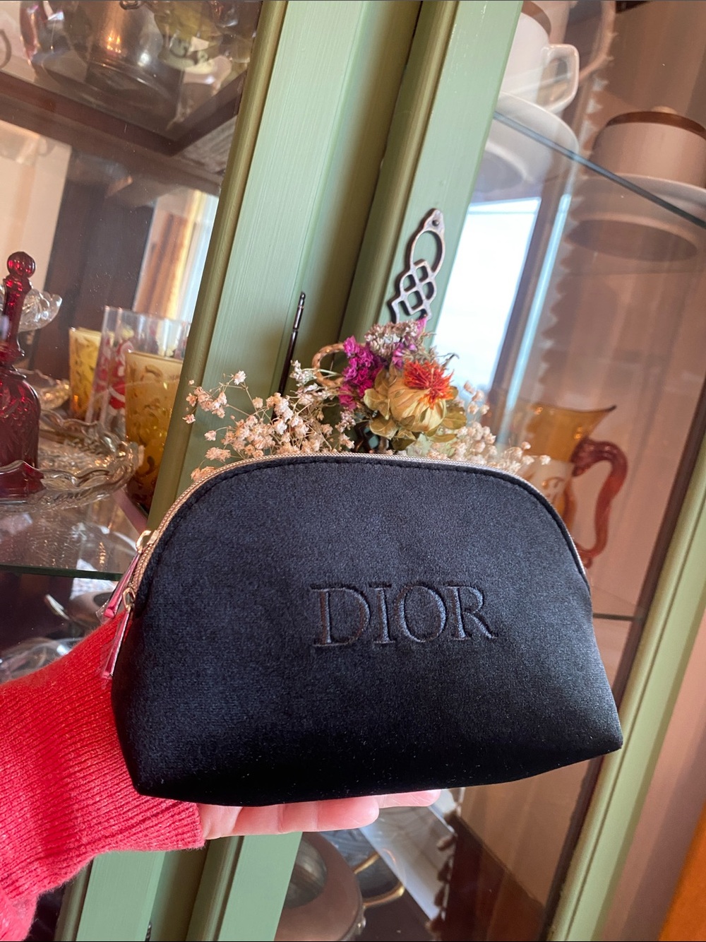 Dior Black Velvet Embroidered Logo Pouch- with mascara